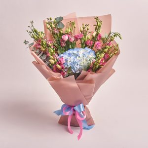 Elegant bouquet with pink and blue flowers, flowers theme