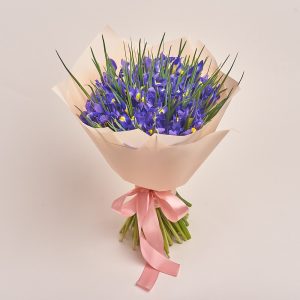 Bouquet of purple flowers with pink ribbon, flowers theme